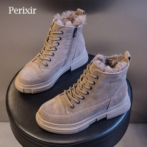 Perixir Women Snow Boots Cow Suede Plush Winter Comfortable Ankle Boots Lace-Up Round Head Black Thick Bottom Women Shoes Cd041