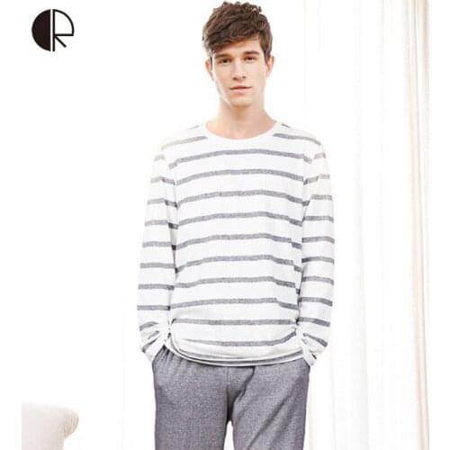 CR Cotton Long Sleeve O-neck Pajama For Men Spring Autumn Men Pajamas Set Women Sleepshirts Couple Striped Sleepwear Homewear