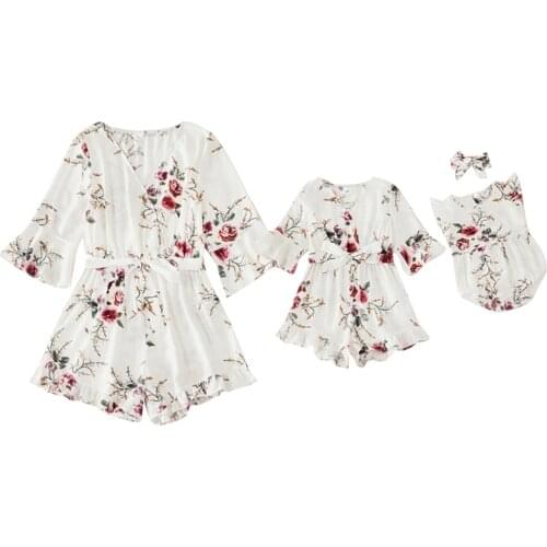 2020 Women Pajamas Parent-Child Floral Dress Long Sleeve V-Neck Loose Flouncing High Waist Infants Romper Family Outfits