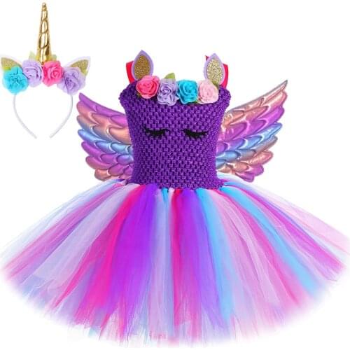 Purple Flower Unicorn Tutu Dress for Girls Princess Wings Dresses Halloween Costumes for Kids Girl Birthday Outfit Clothes 1-14Y