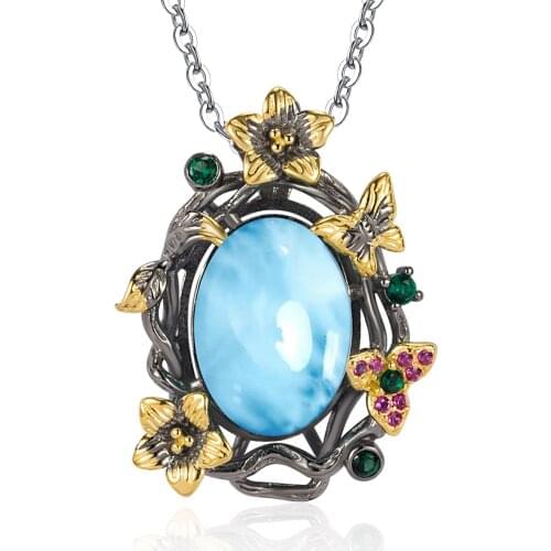 Dominica Larimar Pendant In Silver Jewelry Flowers in clusters Pendant 925 Sterling Silver