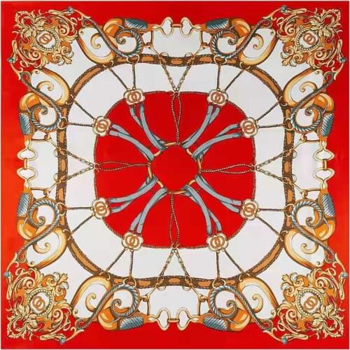 Luxury Design 100% Silk Scarf Women Large Shawls Palace Chain Print Stoles Square Bandana Big Kerchief Scarf Female Foulards 130