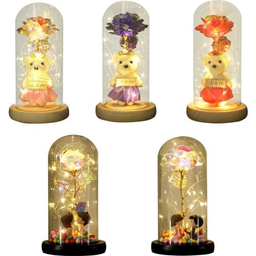 Valentines Day Christmas Gifts Colorful Gold Foil Flower Bear With LED Lights Immortal Rose Bear Glass Cover LED Gift Box