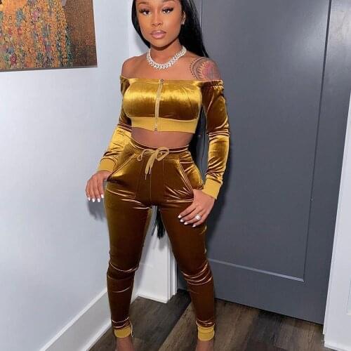 Sexy Night Club Velvet Two Piece Set for Women Christmas Party Outfits Crop Top and Pants Suit Fall Winter Female Clothing Sets