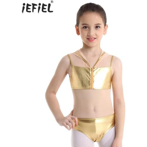 Girls Ballet Dance Leotard Jumpsuit Metallic Mesh Spliced Zipper Closure Jumpsuit Fashion Shiny Overalls Performance Costume