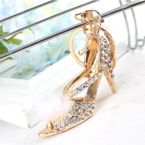 W Shoe High-heel White Feather Crystal Charm Pendant Bag Purse Keyring New Arrive Fashion Key Chain Gift