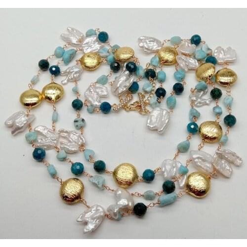 YYGEM 3 strands Natural Top-Drilled White Keshi Pearl Freeform Blue Larimar Round Apatite Brushed Bead Rosary Chain Necklace 18"