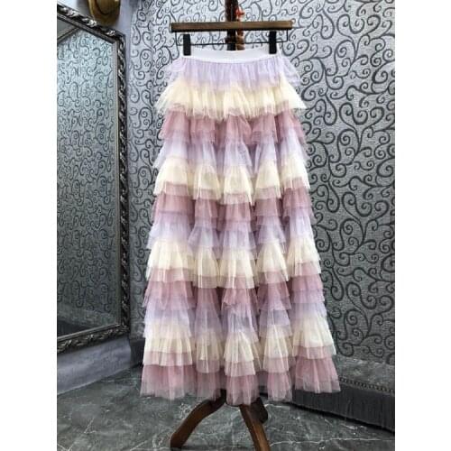 High Quality Womens Long Skirt 2021 Autumn Fashion Ladies Elastic Waist Gradient Color Print Cascading Ruffle Long Maxi Skirt