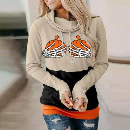 Harajuku Womens Hoodie Halloween Pumpkin Print Long-sleeved Sweatshirt Casual Drawstring Hooded Pullovers Sudaderas Para Mujer