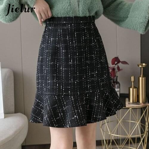 Jielur Trumpet Women Skirt Slim High Waist Autumn Winter Plaid Skirts Chic Saia Faldas Korean Black Mini Skirts Womens S-XL