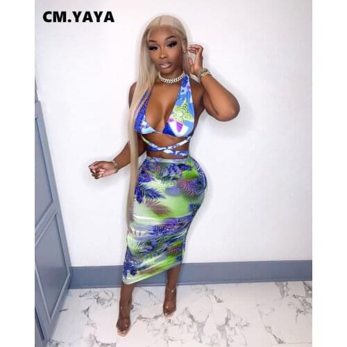 CM.YAYA Women Set Print Sleeveless Bandage Hollow Out Crop Tops Stretchy Midi Skirts Two 2 Piece Sets Sexy Fashion Outfit Summer