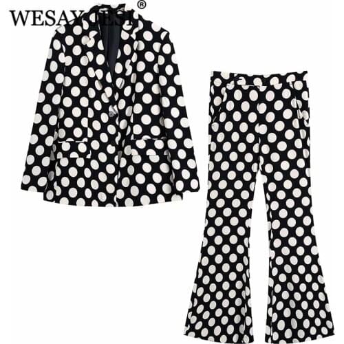 WESAY JESI Womens Jacket Suit Office Lady Suits Elegant Two Piece Suits Dot Print Long Sleeve Blazer High Waist Trouser suits