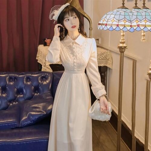 French Retro Palace Girly Temperament Dress Lapel Single Breasted Embroidered Long Sleeve High Waist Chic Elegant Dresses Women