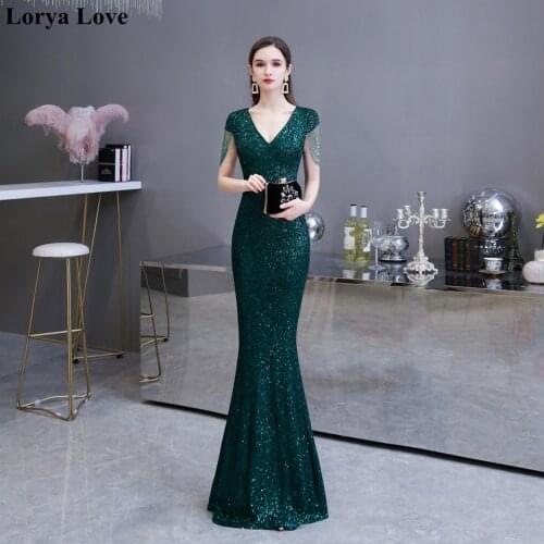 Hunter Green Mermaid Sequined Evening Dresses 2020 V Neck Elegant Short Tassel Beads Sleeves Women Formal Party Night Prom Gowns