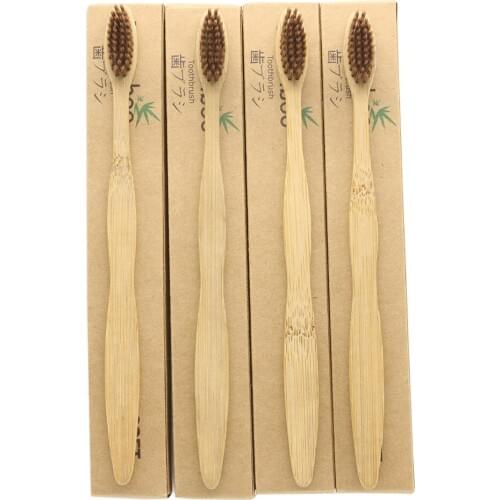 DR.PERFECT 4pcs/lot Brown Curved Style bamboo toothbrush soft-bristle bamboo Black fibre wooden handle Black toothbrush