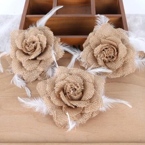 10pcs Feather Flower With Pin Natural Jute Burlap Hessian Flower Vintage Wedding Decoration Hat DIY Craft Rustic Wedding Decor