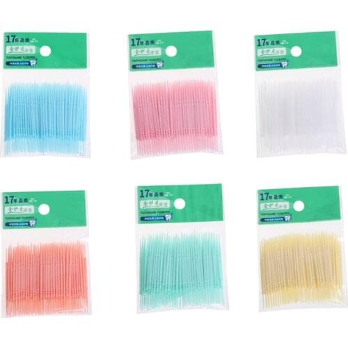 100Pcs/Lot Soft Plastic Double-headed Brush Stick Floss Pick Toothpick Oral Care