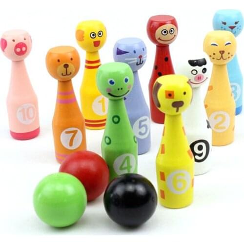 13pcs/set Wooden Bowling Set 10 Pins 3 Ball Animal Bowling Game for Children XXUF