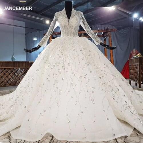 HTL1901 Ivory White Ball-Gown Beaded Crystal Luxury Wedding Dress 2020 Short Sleeve Deep V-Neck Lace Up Back