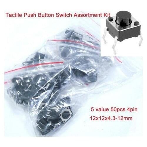 Free Shipping 5 value 50pcs 4pin 12x12x4.3-12mm Tactile Push Button Switch, Momentary Tact Switch Assortment Kit+Hot sale