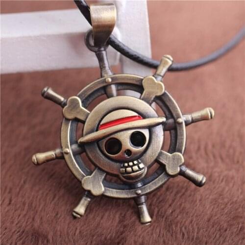Wholesale 12pcs/lot One Piece Necklace Vintage Antique Bronze Skull Steering-Wheel Helm Pendant Necklace With Rope Chain