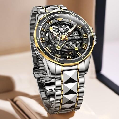 OUPINKE Automatic Watch Men Sapphire Glass Luxury Skelton Mechanical Wristwatch Tungsten Steel Waterproof Business Sport Watches