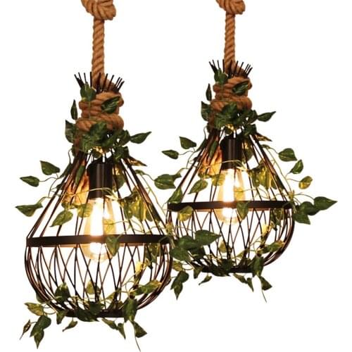 Black iron birdcage plant pendant lights restaurant bar decorated retro industrial hemp rope lamps dining room hanging lights