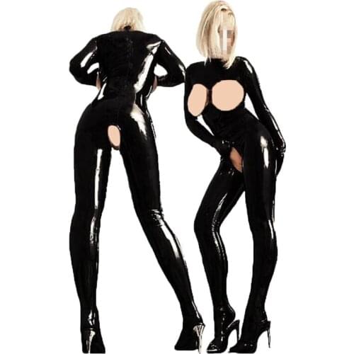 4XL 5XL Black Faux Leather Long Sleeves Wet Look Open Cup Crotchless Catsuit with Gloves+Thong Women Erotic Lingeries Plus Size