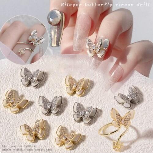 Zircon Alloy Double Layer Mother-Of-Pearl Nail Art Butterfly Jewelry Three-Dimensional DIY Diamond Ring Super Flash Nail Drill