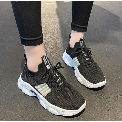 Breathable Light Sneakers For Women Casual Knitted Shoes Thick Bottom Ladies Running Shoes Fashion Lace Up Female Vulcanized New