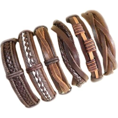 Handmade friendship Wholesale (6pcs/lot) ethnic tribal genuine wrap charm male leather bracelets bangles Free shipping -S64