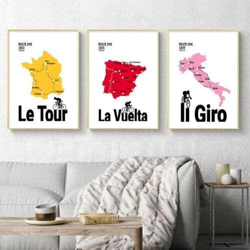 Wall Art Canvas Painting Print Vintage Poster Italy France Spain Cycling Route Map Picture Living Room Decor Gift for Cyclist