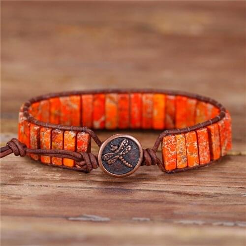 Orange Jaspers Leather Wrap Bracelet Jewelry Natural Stone Tube Bead Cuff Bracelet Unique Bohemian Bracelets Anniversary Gifts