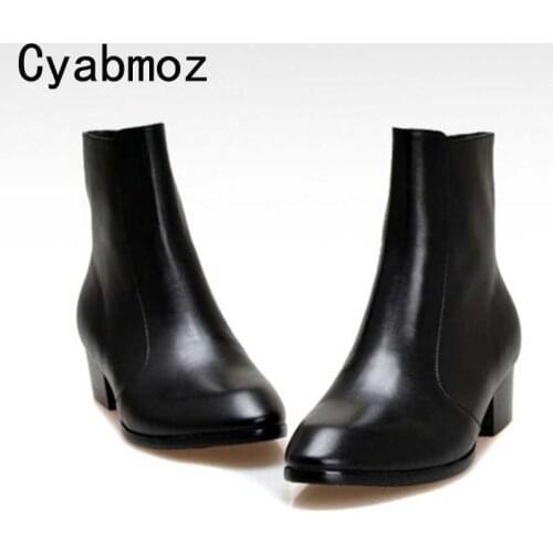 Autumn Winter Thick High Heels Cowboy Work Boots Men Dress Shoes Zipper Pointed Toe Genuine Leather Increased Ankle Boots Shoes