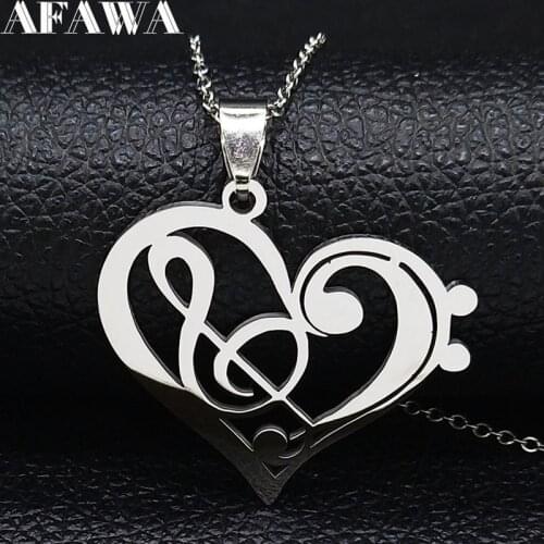 Music Heart Stainless Steel Chain Necklace for Women Silver Color Statement Necklace Jewelry Gift Collar Mujer N1147S01