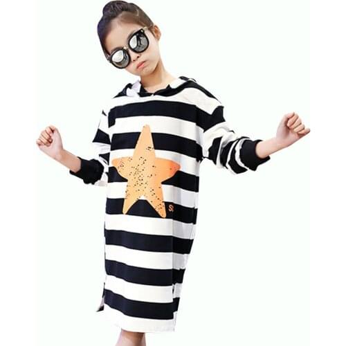 Summer Girl Dresses Striped Hoodies Dress For Girls Star Print Kids Party Dress Spring Casual Clothes For Girls 6 8 10 12 14
