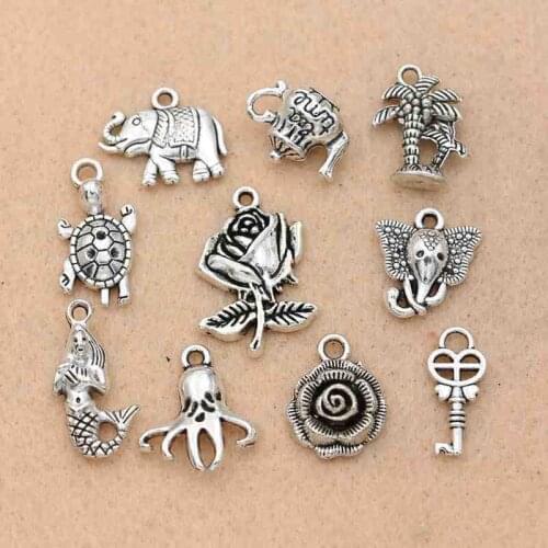 Mix Tibetan Silver Plated Key Mermaid Flower Tree Elephant Charms Pendants Turtle Jewelry Making DIY Charm Craft Handmade