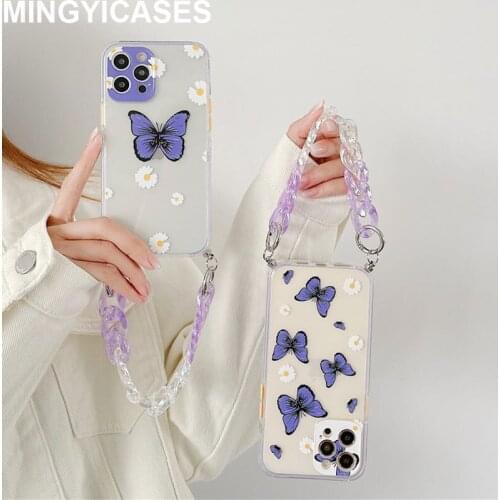 Hand Chain Strap Butterfly Pattern Phone Cases for Iphone 11 12 Pro Max 12 7 8 Plus Xr Xs Max X Clear Soft TPU Phone Cover Capa