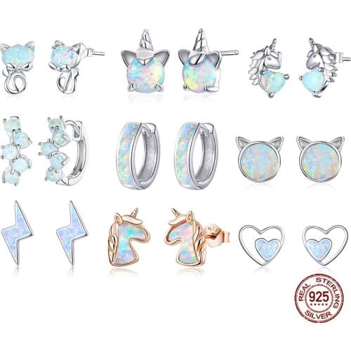 925 Sterling Silver Opal Stud Earrings Cat Unicorn Heart Blue Opal Earrings For Women Original Silver 925 Jewelry