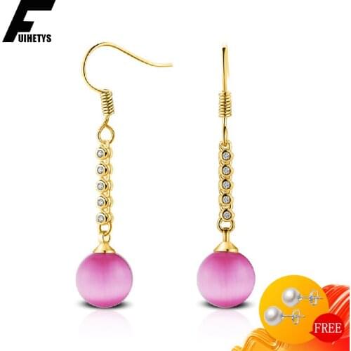Trendy Pearl Earrings 925 Silver Jewelry Pink Cat Eye Stone Zircon Drop Earring for Women Wedding Engagement Accessory Wholesale
