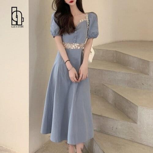 Luck A French Style Vintage V-Neck Elegant Dress Women Short Sleeve Summer New Fashion Lace Patchwork High Waist Party Dress