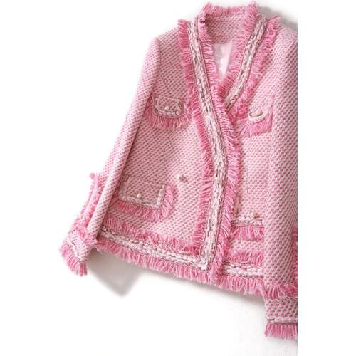Pink Jacket women Tweed one-piece Spring / Autumn womens jacket New Small Fragrance Burr ladies jacket coat