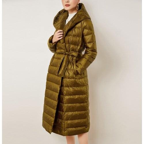 Women Winter White Loose Jacket Lengthened Style with Waist Thickened Over The Knee Showing Thin White Duck Down Hooded Coat