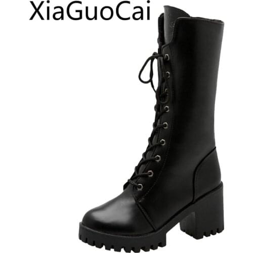High Heels Women Winter Martin Boots Black Handsome Leather Ladies Motorcycle Boots Mid-calf Leather Boots