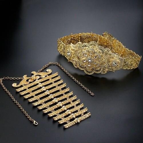 Sunspicems Arab African Style Women Belt Necklace Bridal Wedding Jewelry Sets Caftan Robe Belt Gold Color Morocco Bijoux 2021
