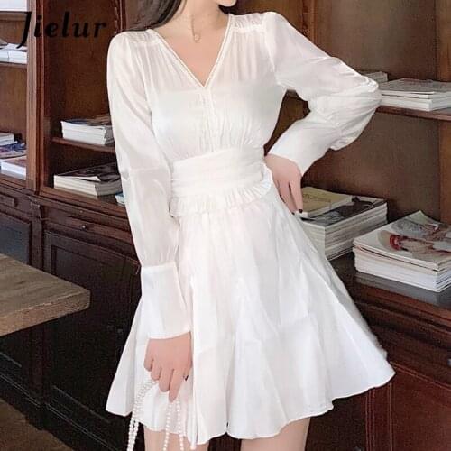 Jielur Vintage Woman Dress White Black V-neck Simple Hollow Out Satin Korean Vestidos Casual Fashion 2021 Summer Elegant Dress