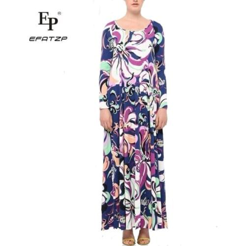 New Fahion 2018 Designer Luxury Maxi Dress Womens Long sleeve bule Geometry Print XL XXL Stretch Jersey Silk Spandex Long Dress