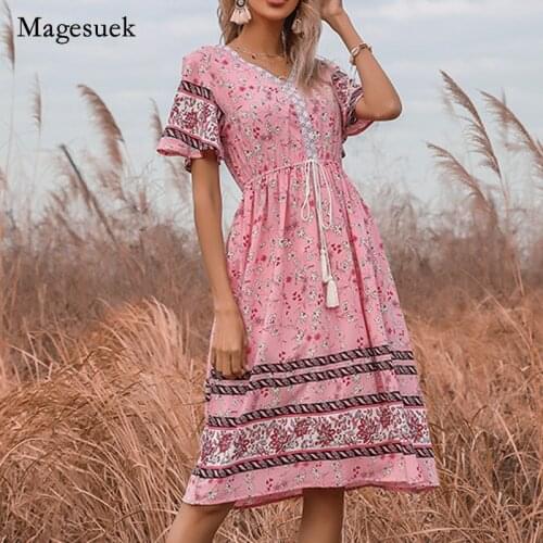 Floral Chiffon Flare Sleeve Pink V-Neck Dress 2021 Summer Women Fashion Dress Casual Elegant Belt Dress for Women Vestido 14626