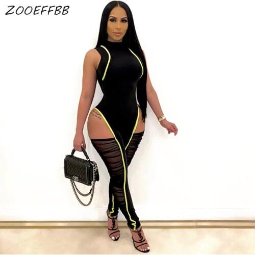 ZOOEFFBB Mesh Sheer Neon Panelled Sleeveless Bodycon Jumpsuit Women Zip Clothing One Piece Rompers Sexy Club Birthday Outfits