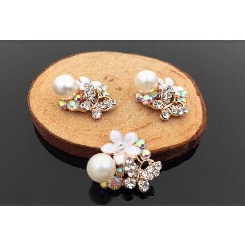 10Pcs 1.8CM Pearl Flower Rhinestone Button Golden Metal Wedding Bride Holding Flowers Decorate Hair Accessories Scrapbook